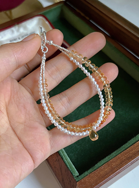 天然黄水晶算盘珠手链女淡水珍珠新中式古风双层叠戴串珠闺蜜礼物