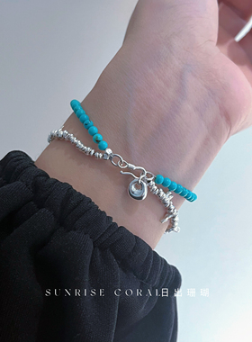 日出珊瑚 泰国原矿天然绿松石手工手链女925纯银碎银子双层手串