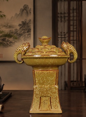 金蟾招财陶瓷聚宝盆公司商务礼品装饰玄关家居饰品摆件工艺品钧瓷