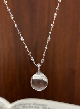 双A天然巴西白水晶项链纯银水晶圆珠吊坠锁骨链女款万能扣毛衣链
