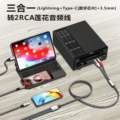 三合一转2RCA莲花头音频线适用苹果TypeC华为手机连接音响箱功放 - 图0