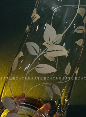 忠俊纯手工水晶玻璃 树叶花纹阔口花瓶 客厅餐桌样板间房软装家居