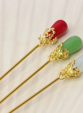 古风发簪神棍翠绿正红宝石簪子