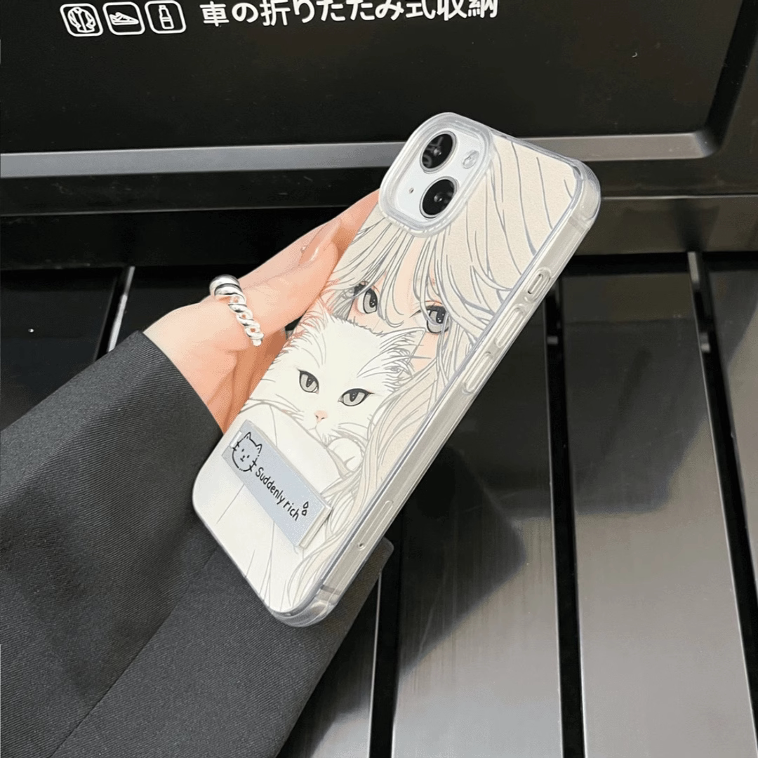 女孩和白猫苹果手机壳16promax小米15情侣iphone14华为mate60pro新款pura70荣耀vivo红米k50no一加opporeno12