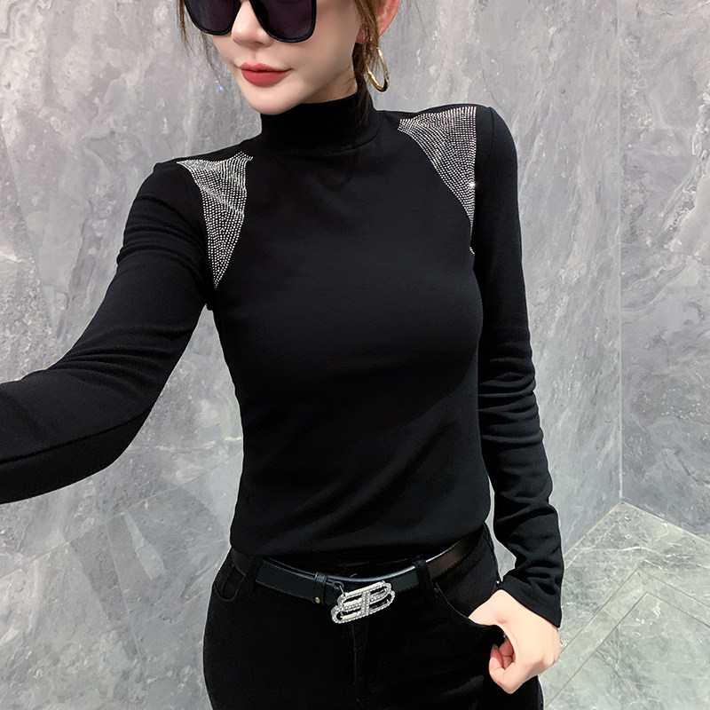 高领打底衫女2025秋冬新款欧货重工烫钻长袖T恤紧身内搭洋气上衣,淘宝优惠券,粉丝福利购,淘宝优惠卷