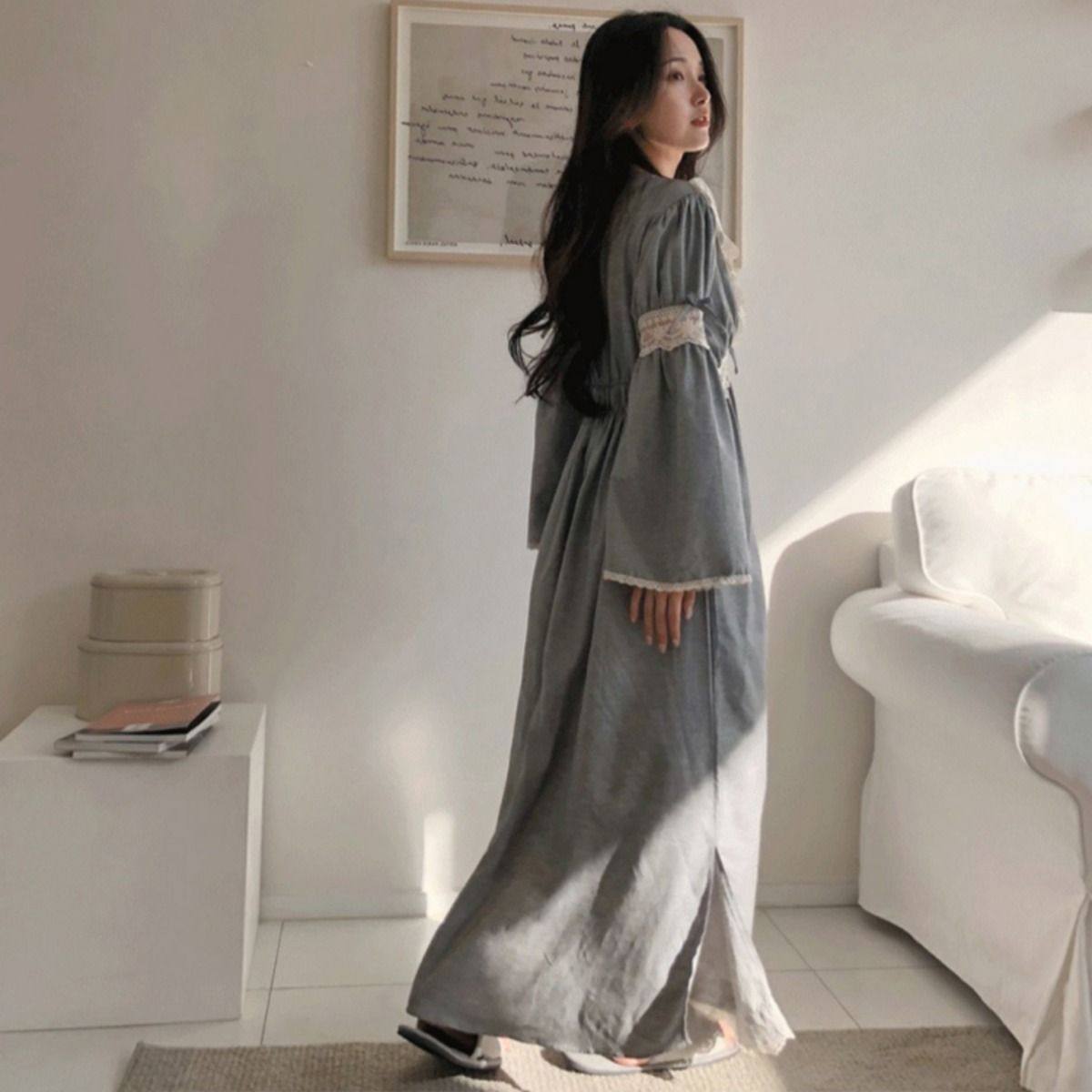 2025新款纯棉睡裙宫延风春秋季蕾丝花边V领纯色长款睡衣裙家居服,淘宝优惠券,粉丝福利购,淘宝优惠卷