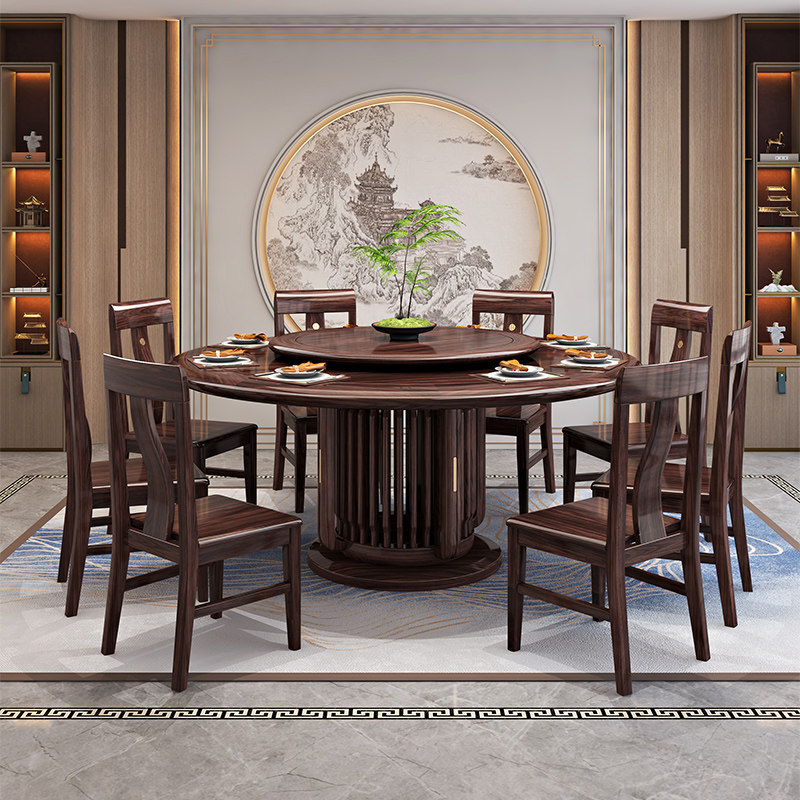 乌金木实木圆桌旋转盘新中式高端家具家用10人小户型岩板餐桌转盘,淘宝优惠券,粉丝福利购,淘宝优惠卷