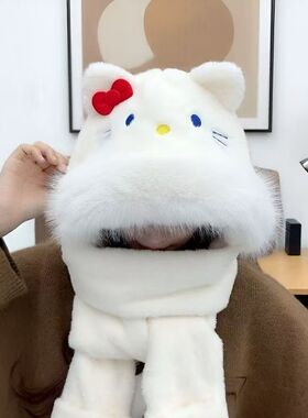 新款kt猫咪帽子围巾手套三件套女冬季毛绒保暖加绒加厚骑车防风帽