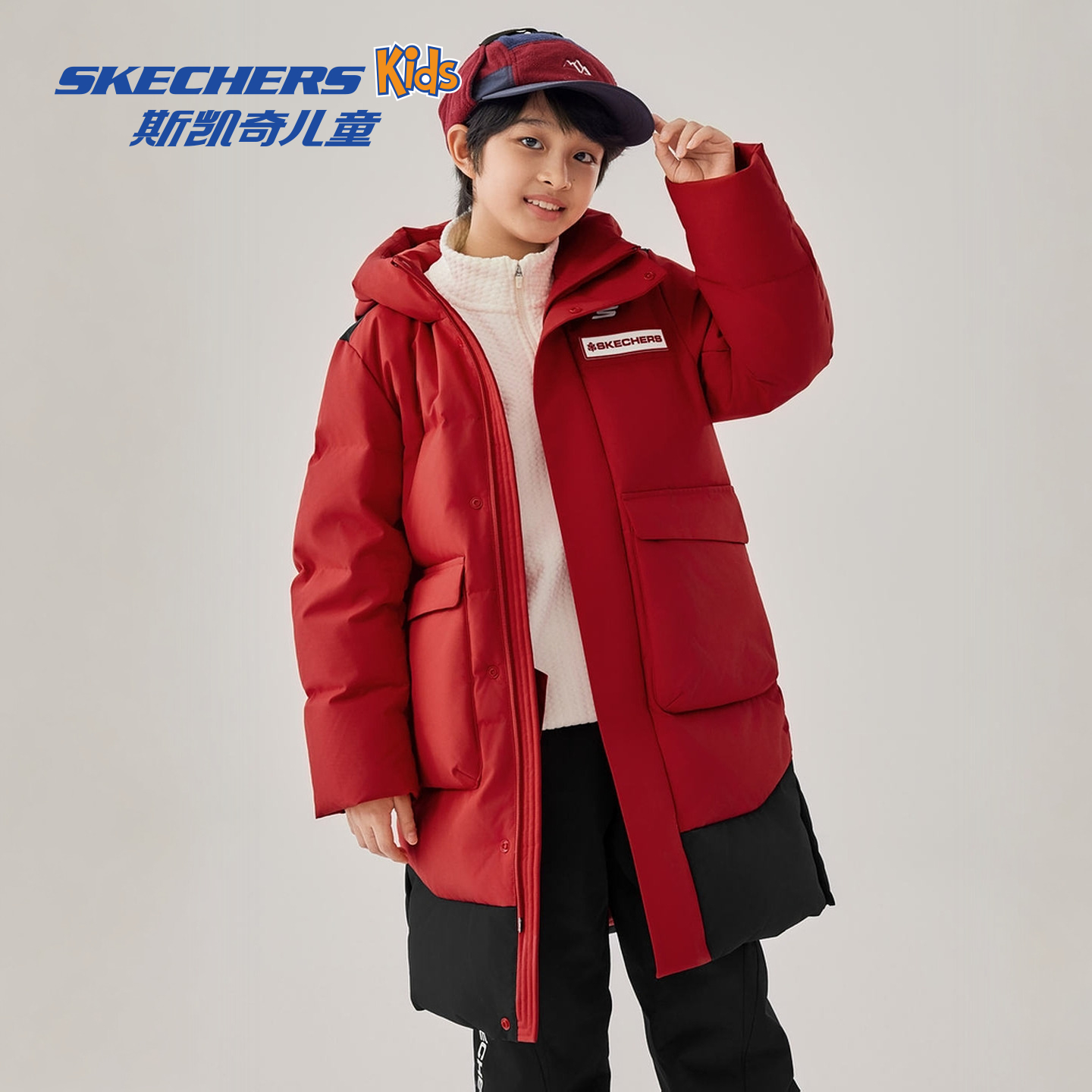 Skechers斯凯奇儿童长款羽绒服冬季男女童三防保暖运动羽绒外套 - 图3