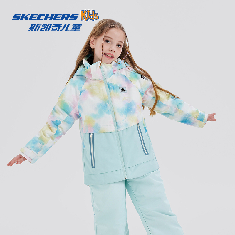 Skechers斯凯奇儿童小暖甲羽绒服冬季女童保暖防水连帽外套两件套-图0