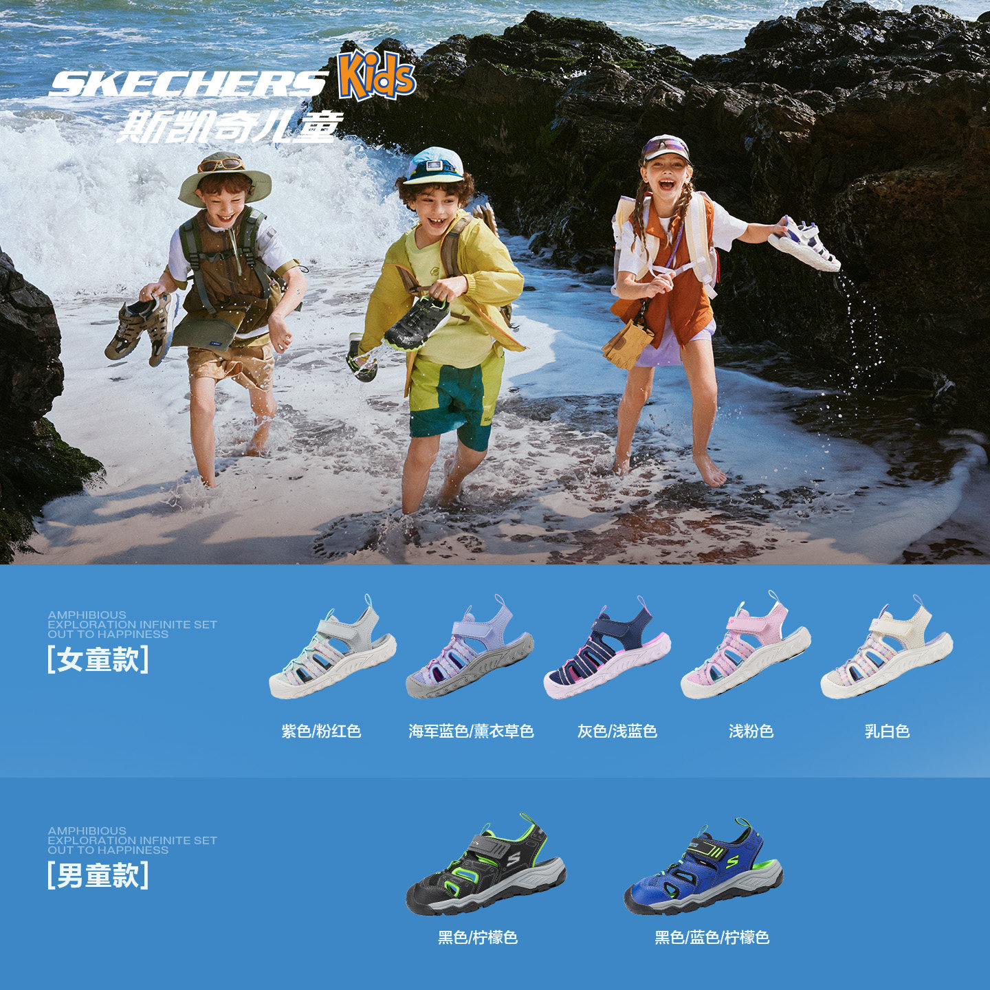 Skechers斯凯奇儿童包头凉鞋男童夏季运动沙滩鞋水陆防滑溯溪鞋