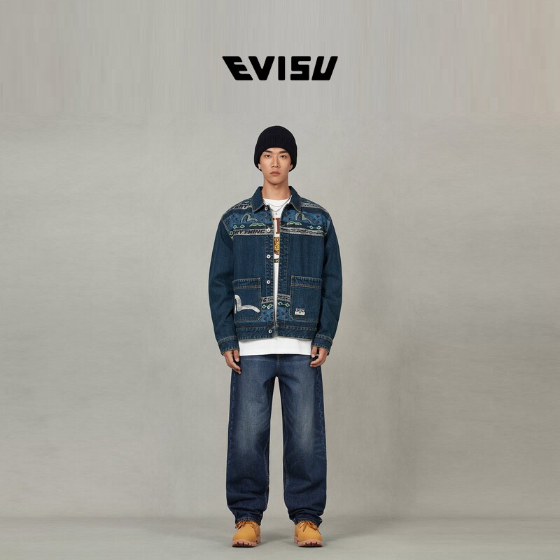 EVISU福神 2025秋季男士潮流海鸥印花纯棉翻领牛仔夹克外套,淘宝优惠券,粉丝福利购,淘宝优惠卷