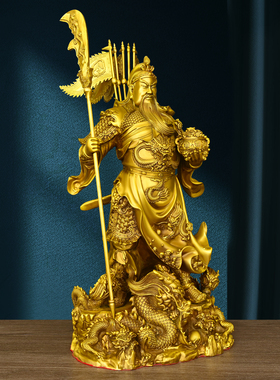 黄铜九龙关公立刀提刀托宝武财神铜像关羽关二爷武圣家居客厅开业