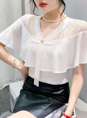 黑色性感蕾丝拼接拼接外套女夏季洋气荷叶边V领斗篷女气质显瘦