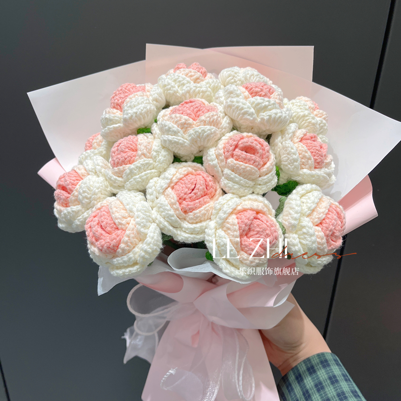 手工diy编织钩针毛线花束材料包渐变玫瑰手捧花情人节女友礼物_虎窝淘