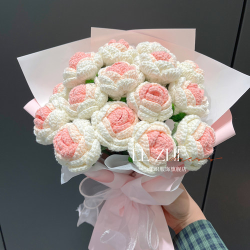 手工diy编织钩针毛线花束材料包渐变玫瑰手捧花情人节女友礼物 - 图0