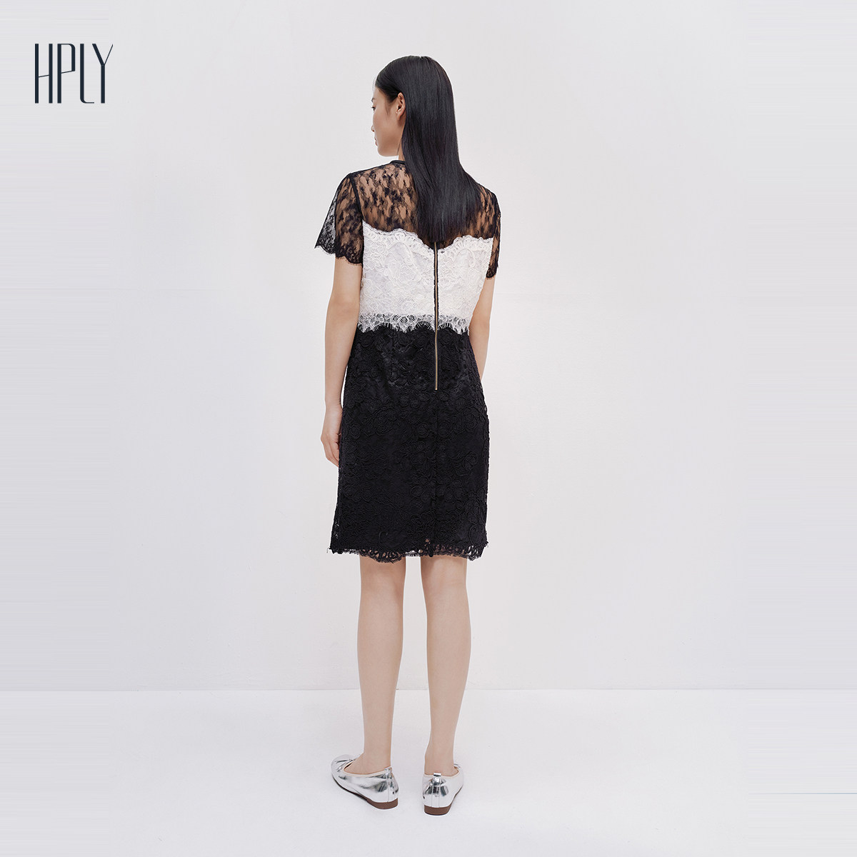 【商场同款】HPLY荷比俪2025夏新款女蕾丝拼接中长修身气质连衣裙,淘宝优惠券,粉丝福利购,淘宝优惠卷