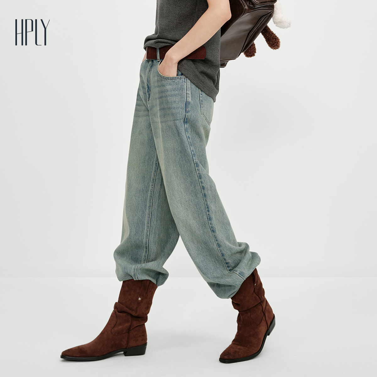 【商场同款】HPLY荷比俪2025冬新款女复古中高腰宽松长款牛仔裤 - 图0