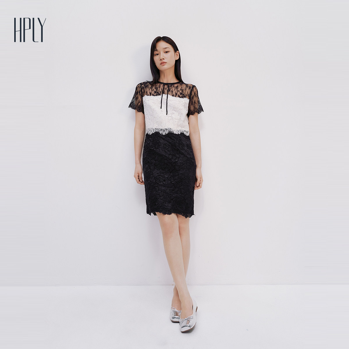 【商场同款】HPLY荷比俪2025夏新款女蕾丝拼接中长修身气质连衣裙,淘宝优惠券,粉丝福利购,淘宝优惠卷