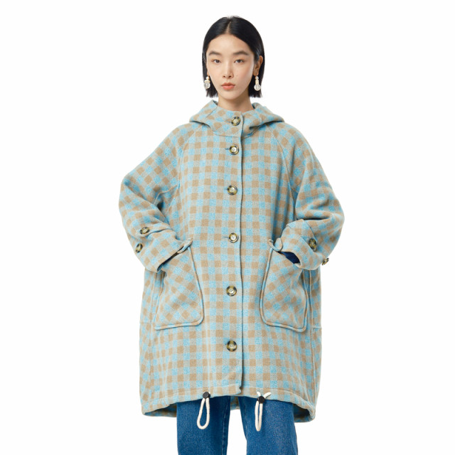 MOVEUP 2024 winter new style.FUN series hooded plaid drawstring hem long woolen coat for women