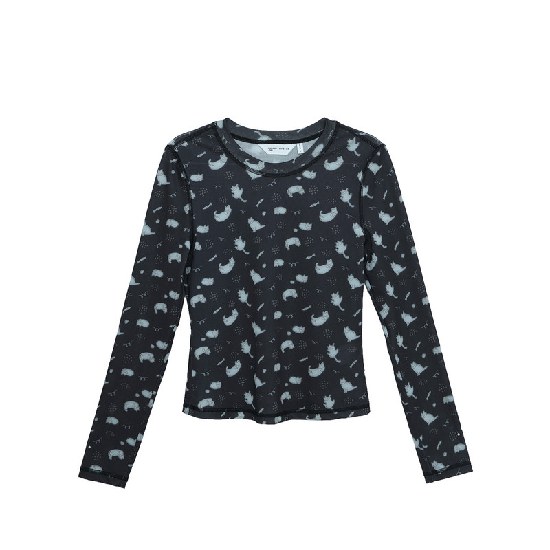 MOVEUP幻走2025春季新款.FUN系列圆领猫咪印花设计师短款T恤女 - 图3