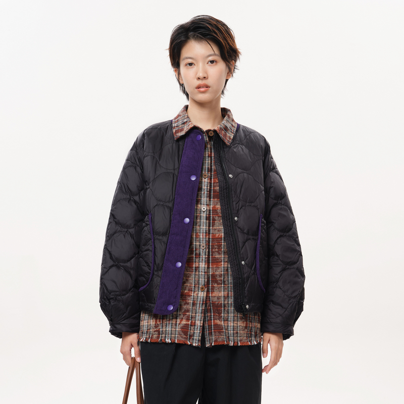 MOVEUP幻走2025冬季新款.FUN系列鸭绒小圆领拼接短款羽绒服女轻薄 - 图0