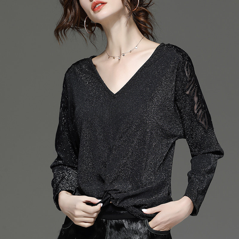 秋装性感v领蝙蝠袖网纱蕾丝打底衫 拉墨客T恤