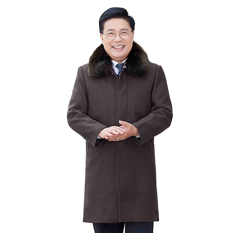 秋冬季毛呢大衣男中老年加绒呢子毛领大衣男中长款风衣爸爸装外套