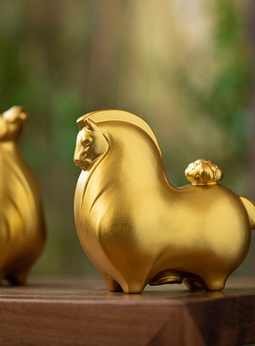 中式陶瓷马上有福金色小马摆件