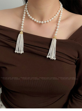 水钻皇冠珍珠流苏坠串珠长项链