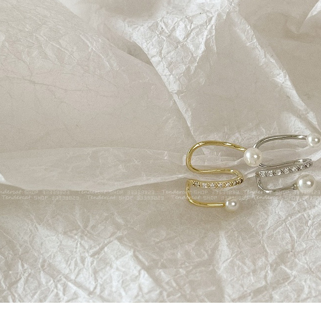 Cubic Pearl Earcuffs 珍珠装饰水钻链条C形无耳洞耳骨夹耳夹 - 图1