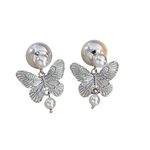 Butterfly Pearl Earrings 轻奢复古金属蝴蝶坠珍珠双面耳环 - 图3