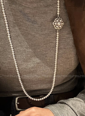 可拆卸水钻镂空花朵珍珠串长项链