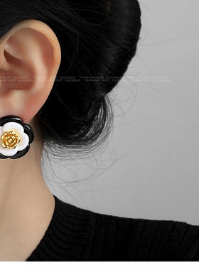 山茶花耳钉皮革可调节花朵戒指