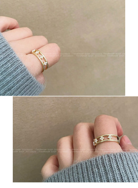 珍珠十字小花朵镂空双线开口戒指