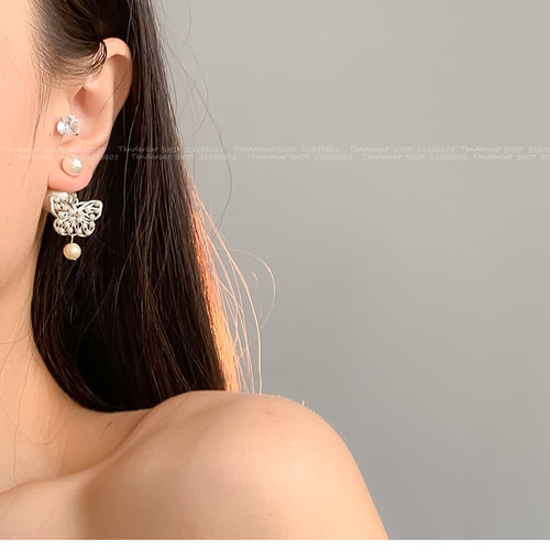 Butterfly Pearl Earrings 轻奢复古金属蝴蝶坠珍珠双面耳环 - 图0