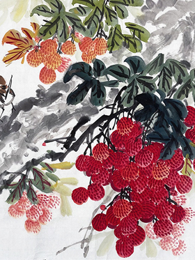 纯手绘真迹四尺荔枝树图国画花鸟装饰荔枝小鸟三尺吉利图鸿运当头