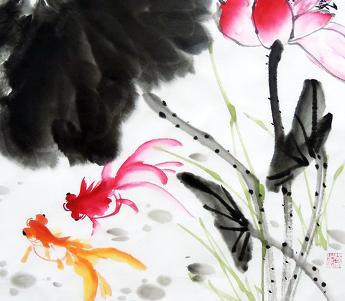 纯手绘真迹国画花鸟画客厅玄关装饰写意水墨画三尺斗方荷花金鱼图 - 图1