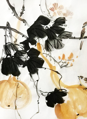 纯手绘真迹国画写意客厅画三尺斗方花鸟画葫芦小鸟图福运来双联画