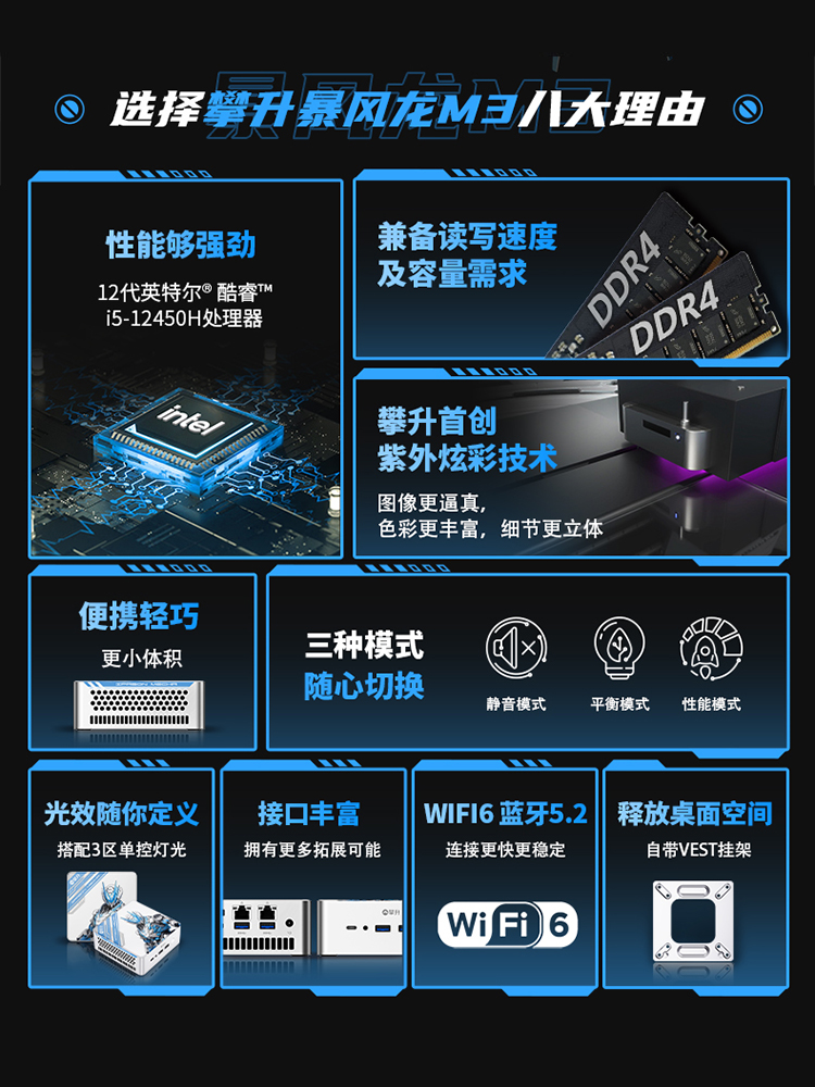 人气王IPASON攀升暴风龙M3 intel N95/I5 12450H迷你主机掌上电脑影音商用家用办公游戏炒股学习全套 - 图1