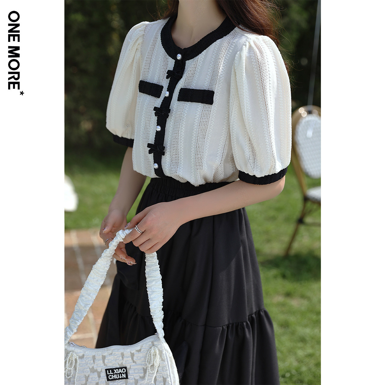 one more2022夏季新款短袖撞色小衫 onemore蕾丝衫/雪纺衫