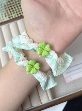 蕾丝四叶草发圈少女心头绳肠圈绿色清新发饰情侣皮筋扎发绳高弹力