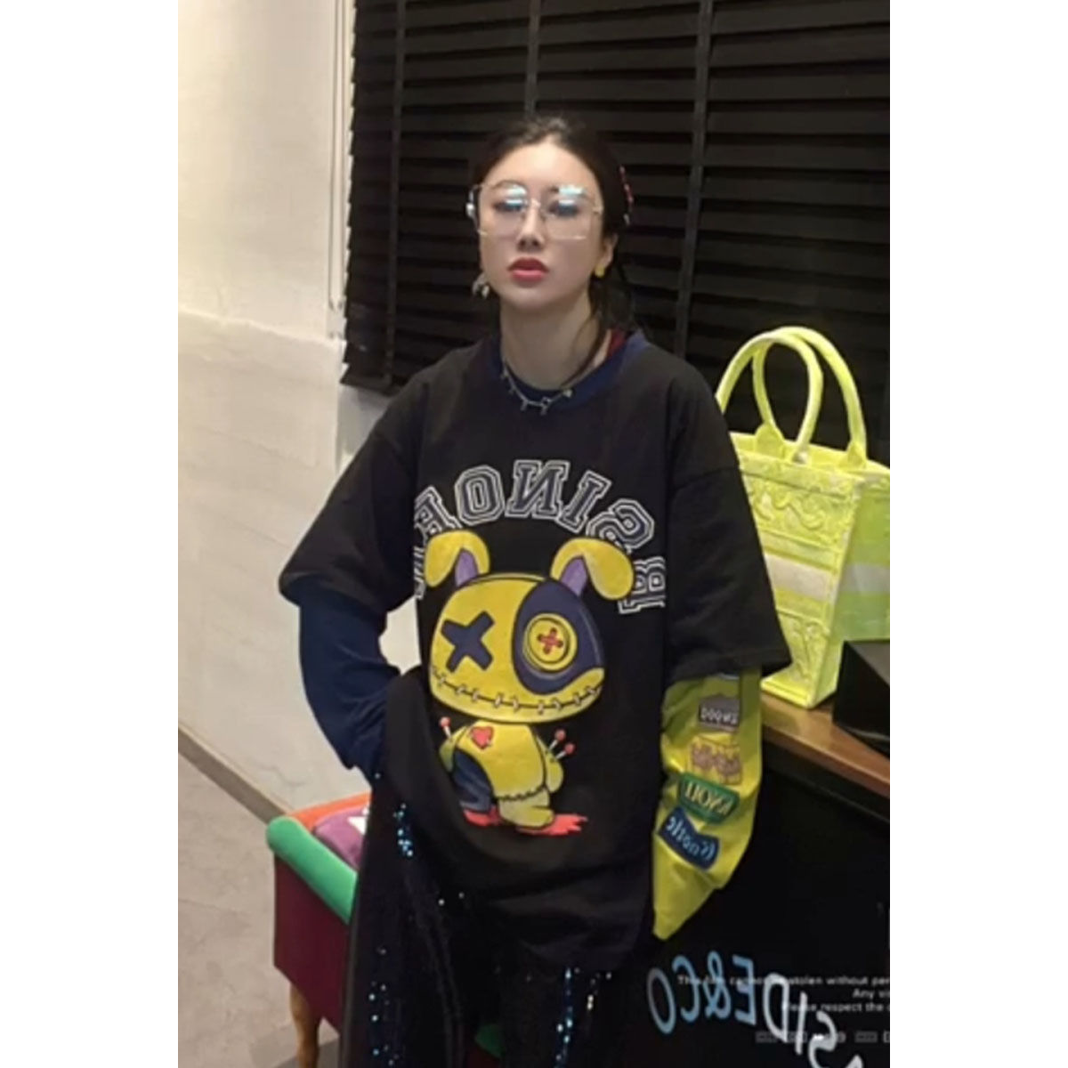 超大码2-300斤胖mm春夏季卡通图案印花拼色拼接AB袖假两件宽松T恤 - 图1