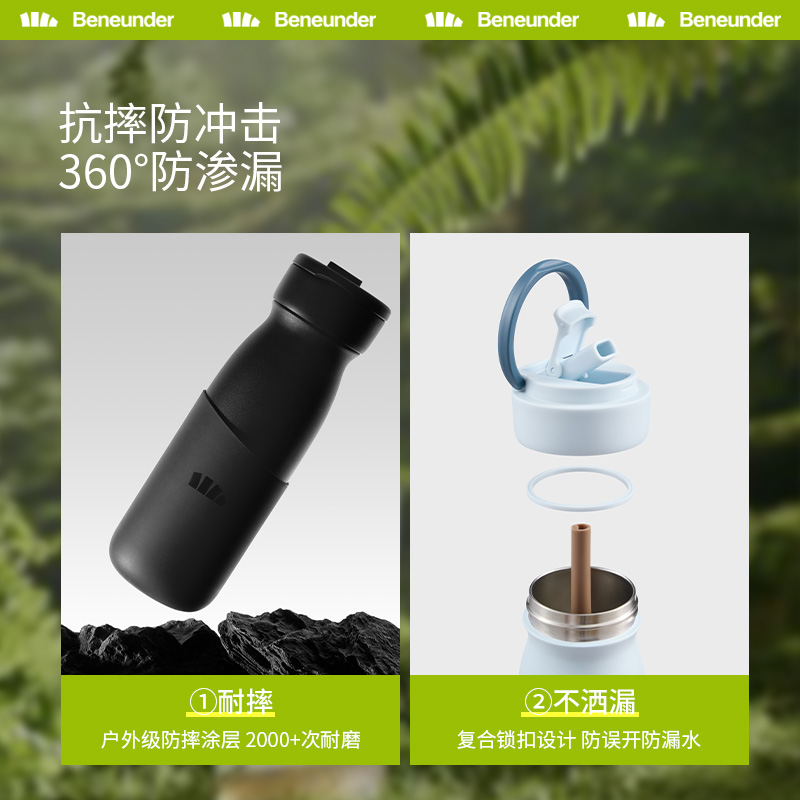 Beneunder户外保温杯男吸管杯运动水壶健身水杯车载运动保温杯