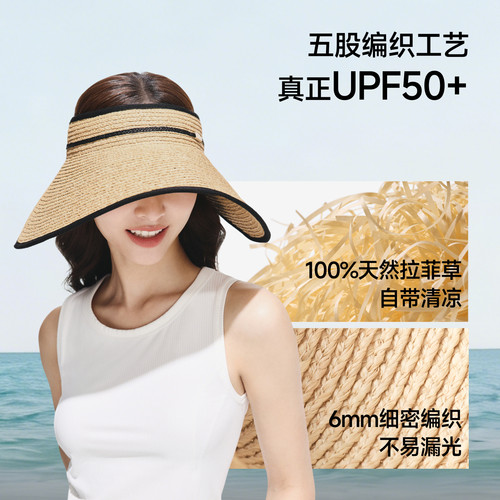 蕉下蛋卷草帽原纱防晒UL558大檐沙滩海边法式防紫外线空顶防晒帽 - 图1