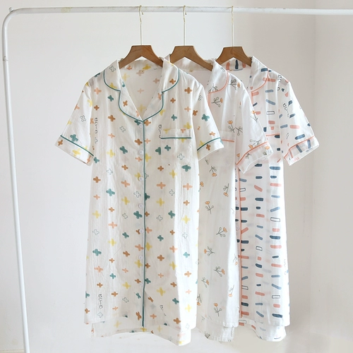 Пижама, летняя юбка, хлопковый тонкий марлевый кардиган, длинная рубашка для беременных, короткий рукав, средней длины