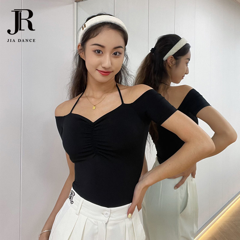 JIA.DANCE新款拉丁舞短袖上衣一字肩操服带胸垫国标舞服女夏R123 - 图0