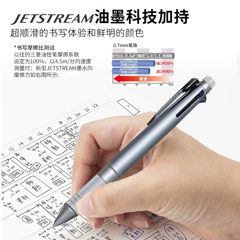 纵向书写 日本Uni三菱金属jetstream圆珠笔 MSXE5超顺滑4+1中油笔 - 图0
