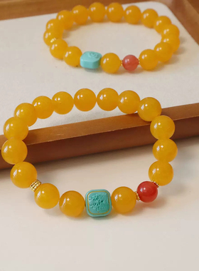 10MM大珠原创天然黄色玛瑙盐源石配饰复古风文艺款扎基拉姆手串
