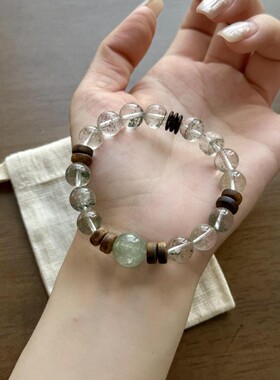 【有闲有钱】天然水晶14m白水晶搭配绿幽灵diy达拉干单圈手链饰品